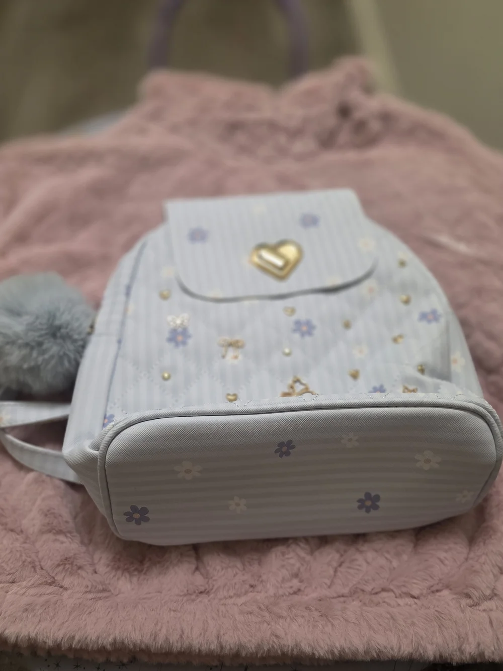 Women’s Light Blue Floral Quilted Backpack with Gold Accents